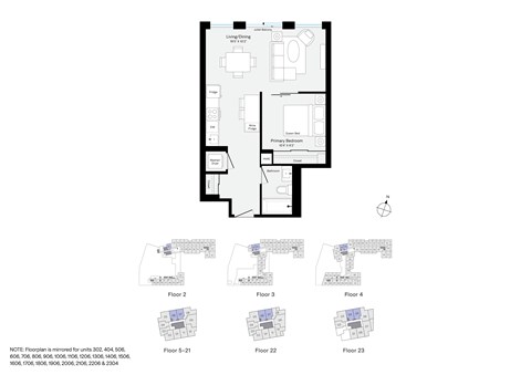 Floor plan for 1 bed, 1 bath, 595 sqft